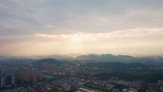 杭州萧山城市清晨阳光风景航拍