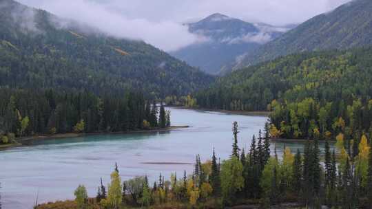 航拍新疆喀纳斯神仙湾秋景