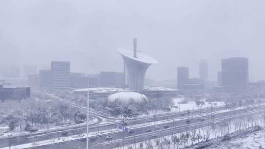 航拍武汉光谷中心城雪景光谷生物城建筑视频素材模板下载