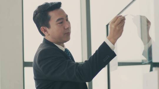 男企业家在玻璃上演示工作方案视频素材模板下载