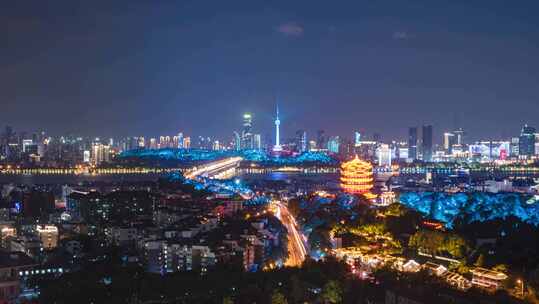 夜景中的黄鹤楼与城市建筑群