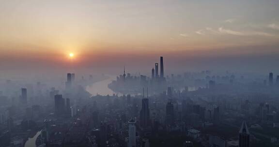 上海日出平流雾航拍城市