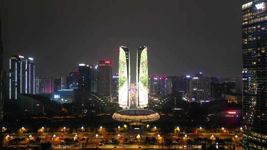 航拍成都双子塔天府国际金融中心夜景