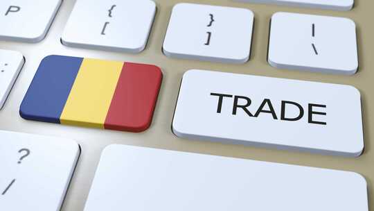 罗马尼亚国旗和贸易文本按钮3D动画