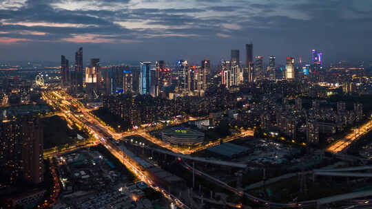 航拍南京建邺区河西金融城震感夜景