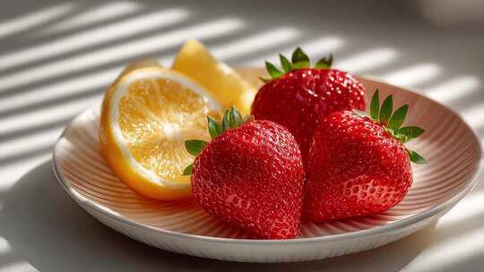 阳光下鲜嫩欲滴的草莓与柠檬