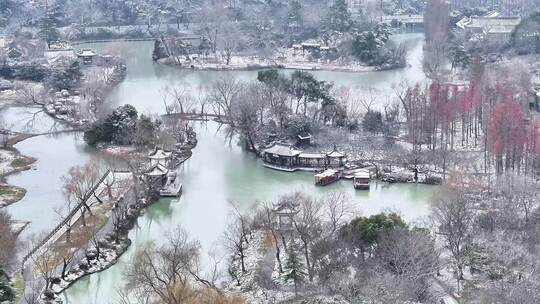 航拍扬州瘦西湖大明寺观音山宋夹城园林雪景