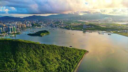 惠州大亚湾山水环绕的城市风光鸟瞰全景