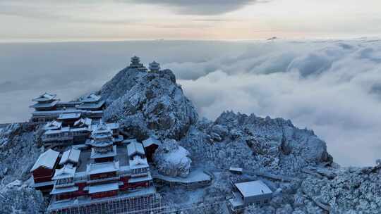 河南老君山冬季雪后云海大气航拍