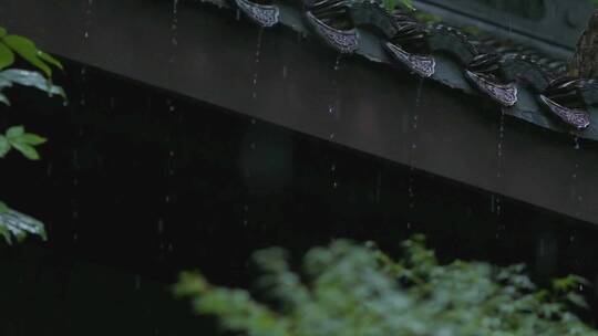 江南雨季中式园林建筑绿植雨滴空镜