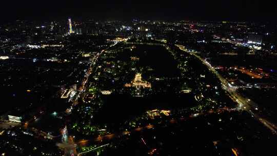 济南老城区泉城市广场夜景灯光航拍