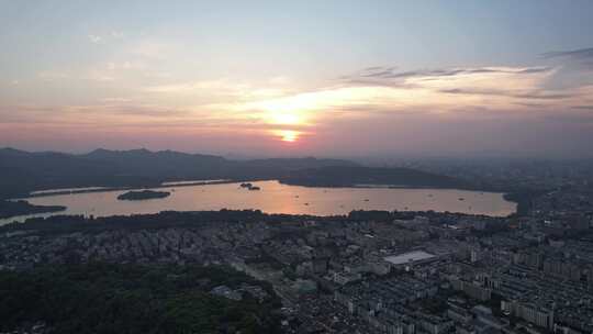 浙江杭州西湖落日晚霞夕阳西下航拍