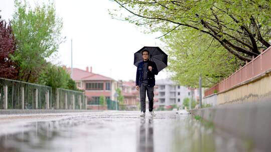 男人下雨天撑伞走在街上