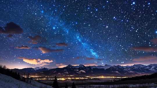 绝美星空银河下的雪山夜景自然风景旅行