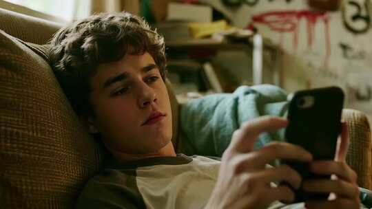 男孩沙发上玩手机素材