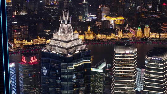 航拍陆家嘴高楼与外滩夜景