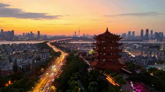 武汉黄鹤楼日落夜景航拍