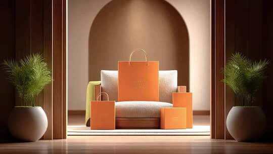 橙色系购物袋与礼品盒的精致陈列