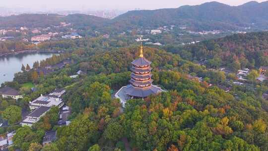 唯美杭州西湖雷峰塔景区大自然风光群山航拍