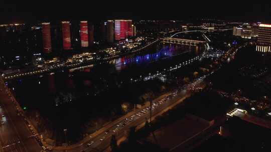 航拍内蒙古呼和浩特东河音乐喷泉夜景