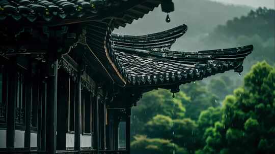 古建筑屋檐水滴下雨春雨潮湿