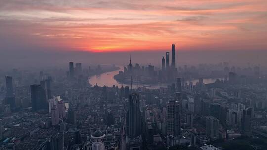 最新上海地标建筑朝霞似火航拍4K