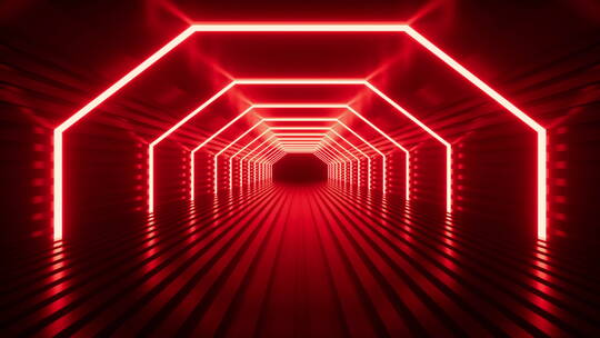 红色霓虹光线隧道3D渲染