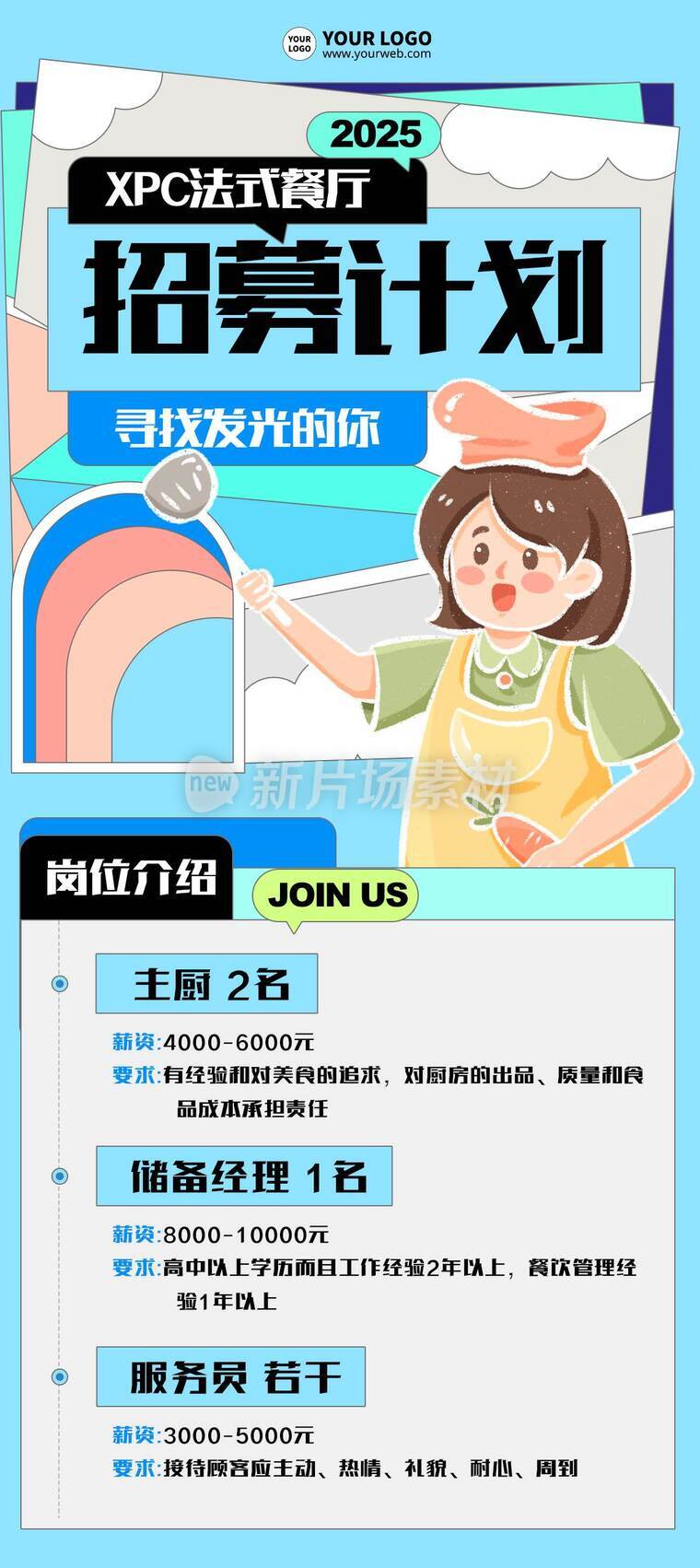创意插画餐厅招聘厨师详情长图