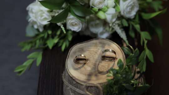 美丽的结婚戒指与婚礼新娘的花束放在木制支