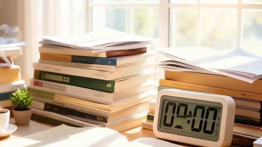 书桌上的书籍与电子闹钟