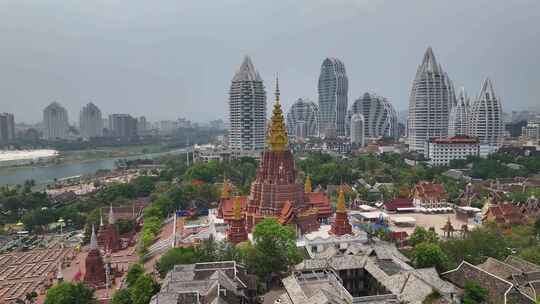 云南西双版纳景洪告庄大金塔寺建筑风光航拍