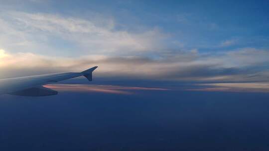 飞机在万米高空，蓝天之上和云彩中缓缓飘过