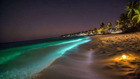 夜晚沙滩海景与椰林