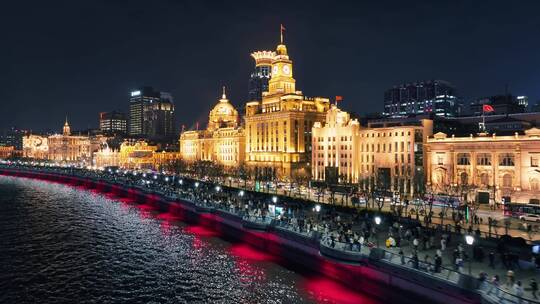 航拍夜景上海外滩万国建筑群