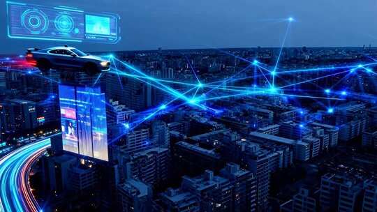 科技感未来城市空中汽车画面