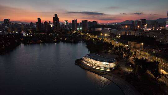 航拍福建福州晋安区晋安湖湖景夜景