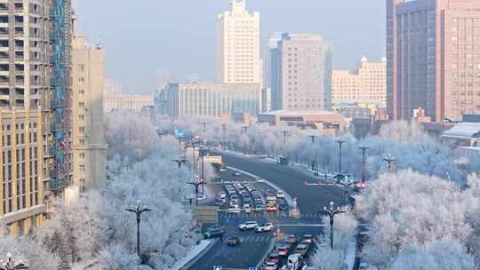 中国黑龙江哈尔滨城区雾凇雪景航拍