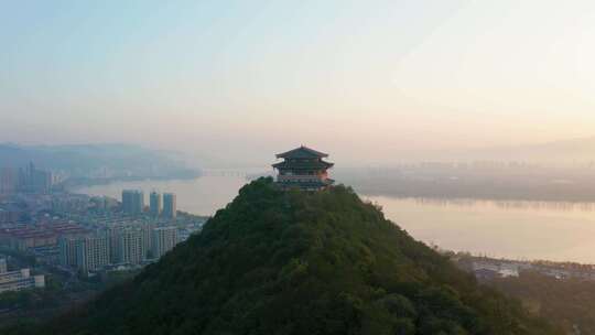 杭州富阳城市地标建筑富春阁富春江航拍