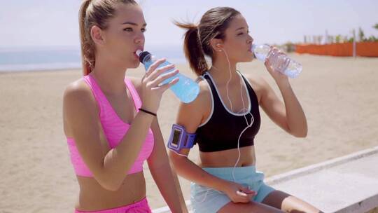 两个运动女孩休息喝水