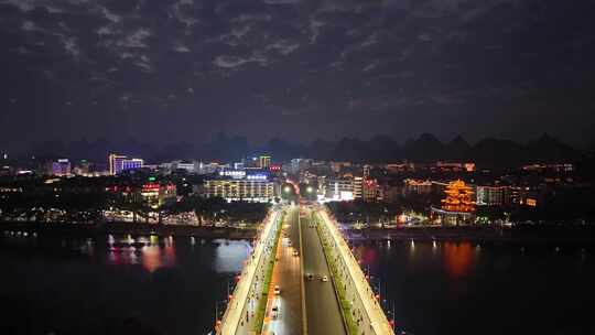 广西桂林夜景桂林解放桥夜景航拍