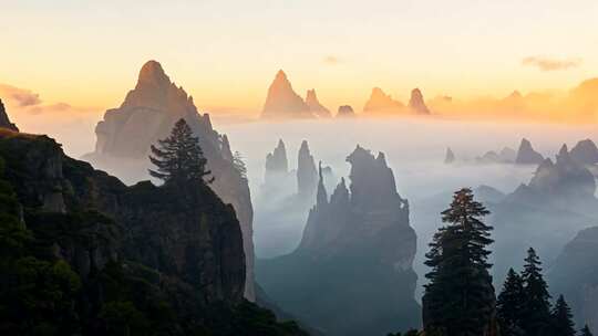 云雾缭绕的山峰日出风景