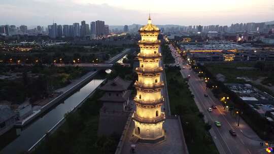 航拍山西大同古城墙建筑夜景风光