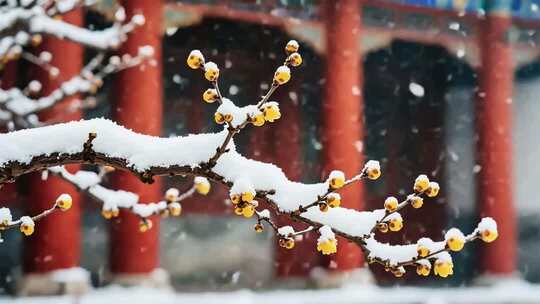 雪中古建筑前的腊梅枝