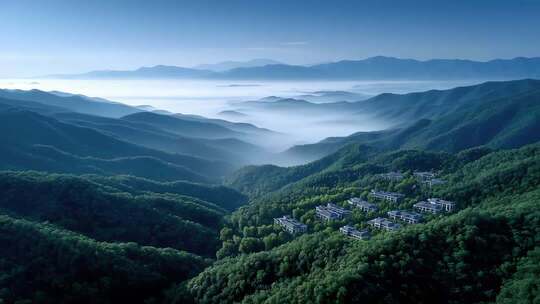 云雾缭绕山间建筑群宛如仙境