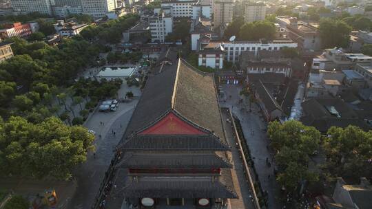 航拍西安夕阳下的鼓楼城市建筑地标