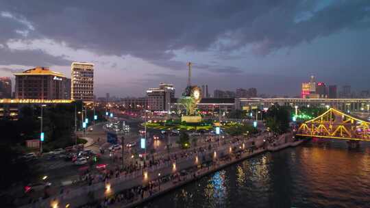 天津世纪钟广场海河城市风光夜景航拍