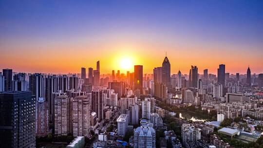武汉城市建筑高楼大厦日落黄昏航拍延时