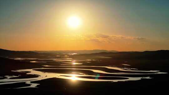 若尔盖黑河黄河九曲河湾夕阳4k航拍