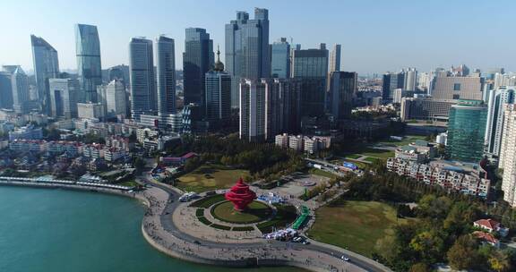 青岛地标建筑五四广场青岛CBD航拍4K