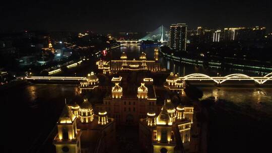 航拍福州闽江中州岛夜景